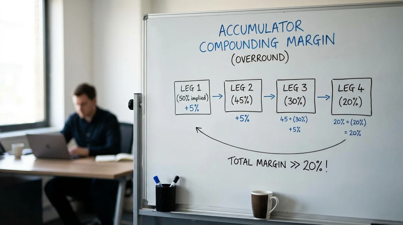 Whiteboard showing how bookmaker margin compounds across accumulator legs