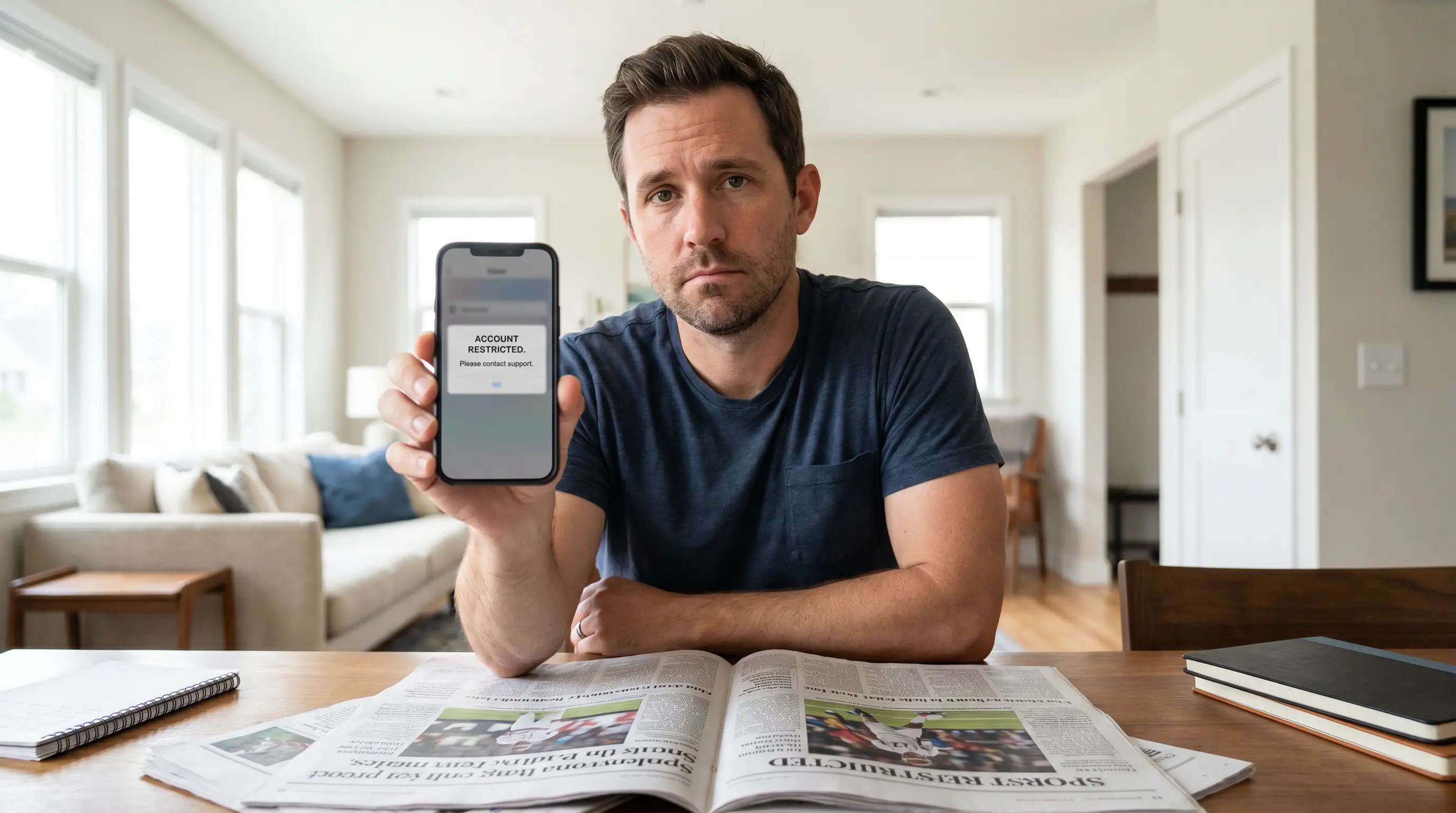 Bettor reading a UK sportsbook account restriction message on a phone