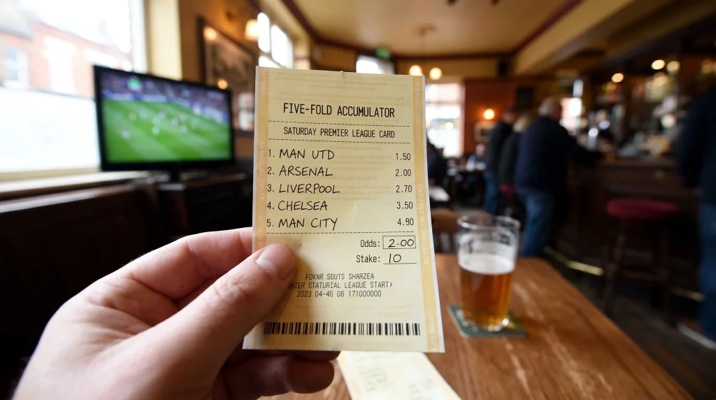 Five-fold accumulator betting slip on a Saturday Premier League card