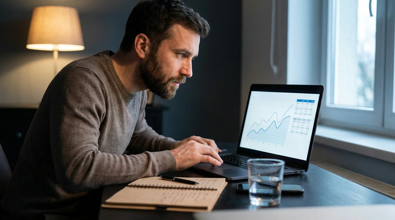 Football betting analyst studying rolling xG charts and price data on a laptop screen