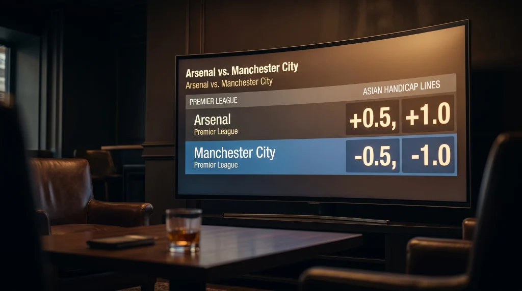 Sportsbook screen displaying Asian handicap lines for a Premier League fixture with favourite shaded