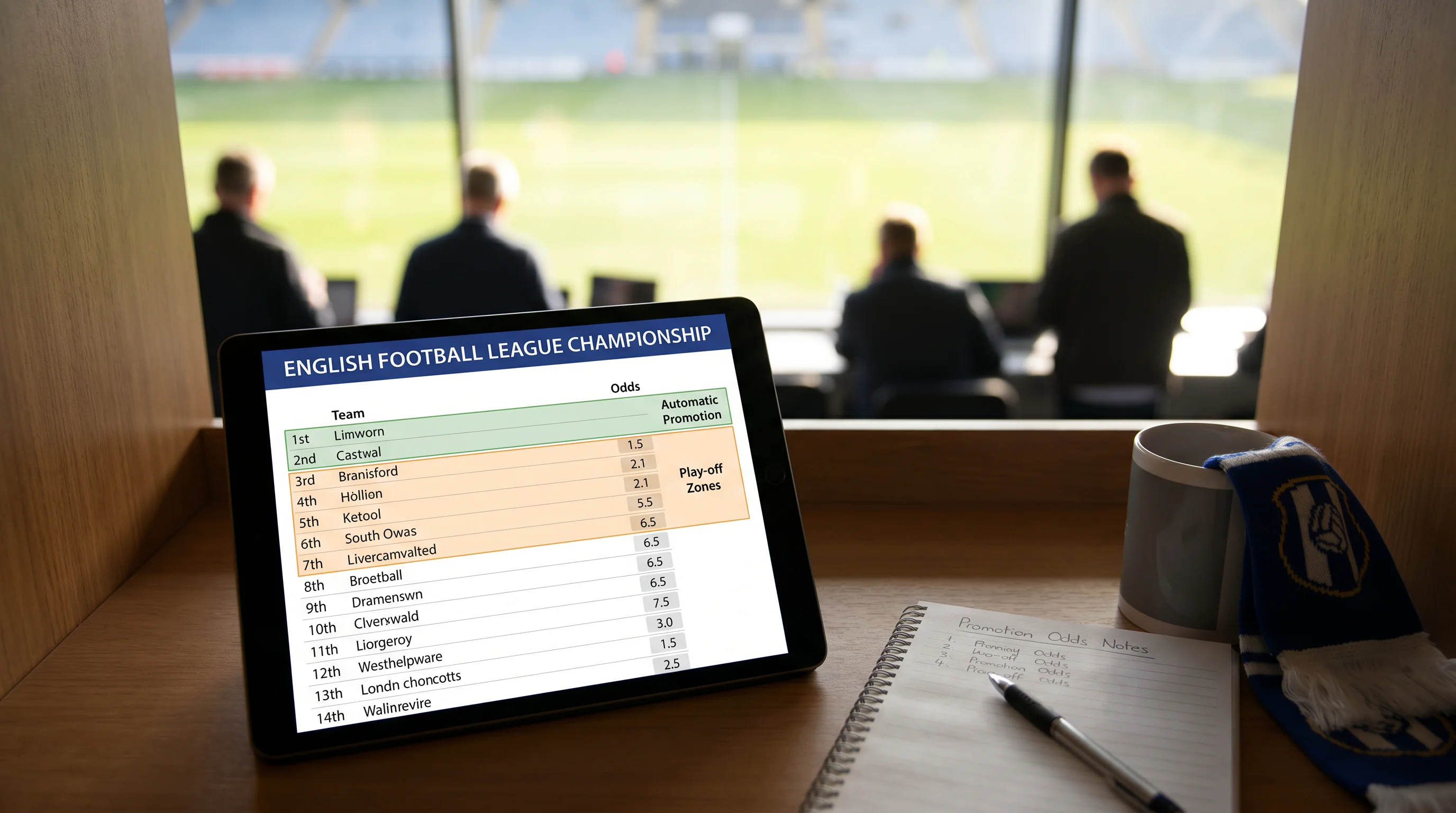 Championship league table with the automatic promotion places and play-off cut-off highlighted