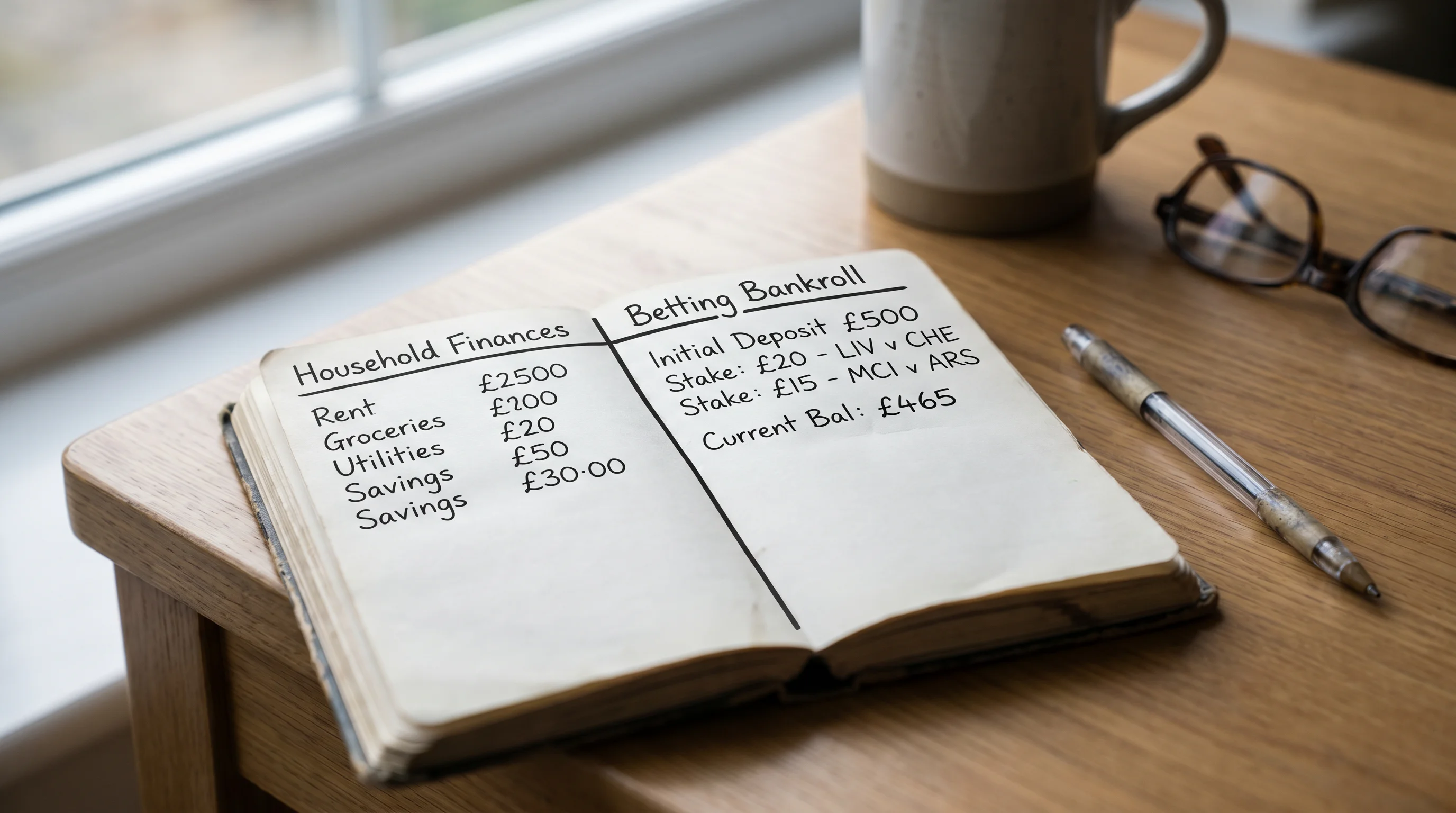 Notebook page showing a clearly separated betting bankroll from household finances