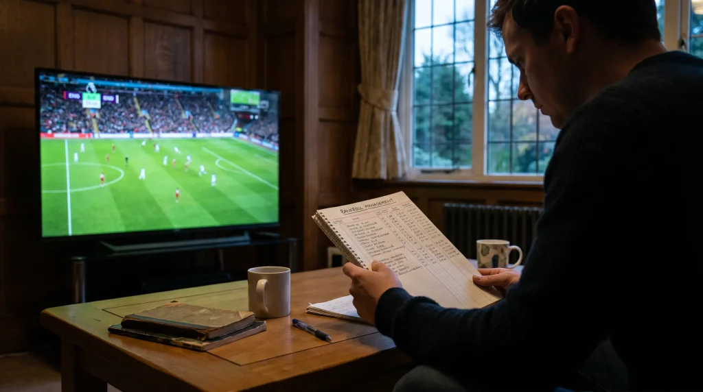 Bettor reviewing a disciplined bankroll spreadsheet beside a football match on television
