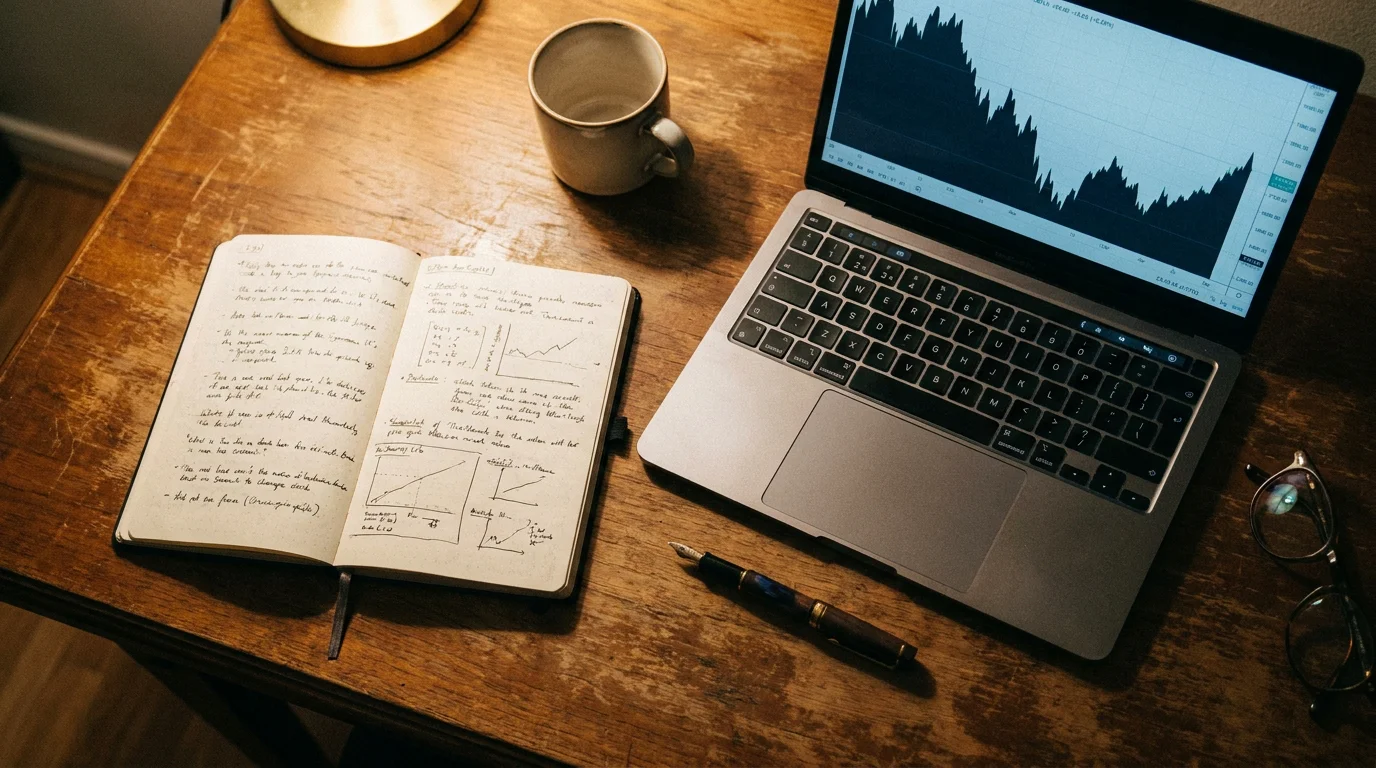 Notebook of Kelly fractional stake sizes beside a laptop tracking bankroll drawdown