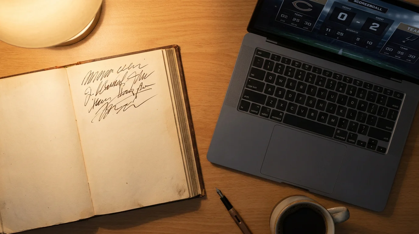 Betting notebook with handwritten stake calculations beside a laptop showing fixture odds