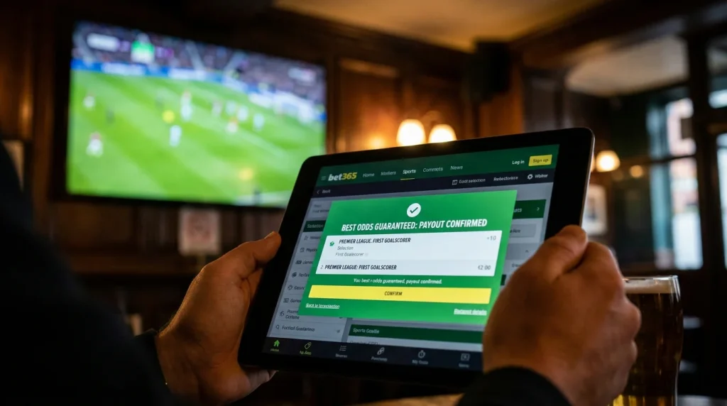 UK sportsbook screen confirming best odds guaranteed payout on a Premier League goalscorer