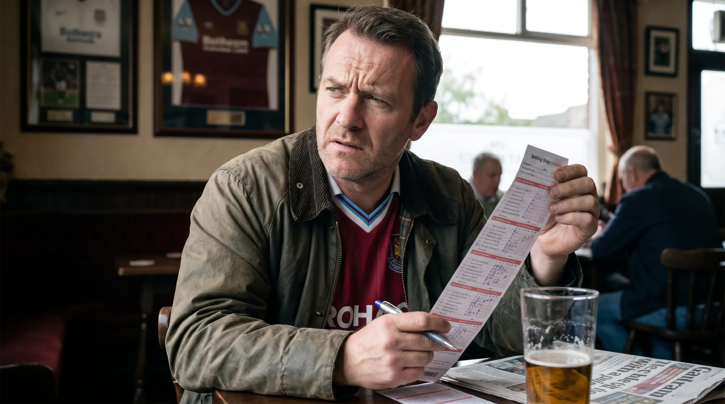 Bettor pausing over a long bet builder slip with skeptical expression