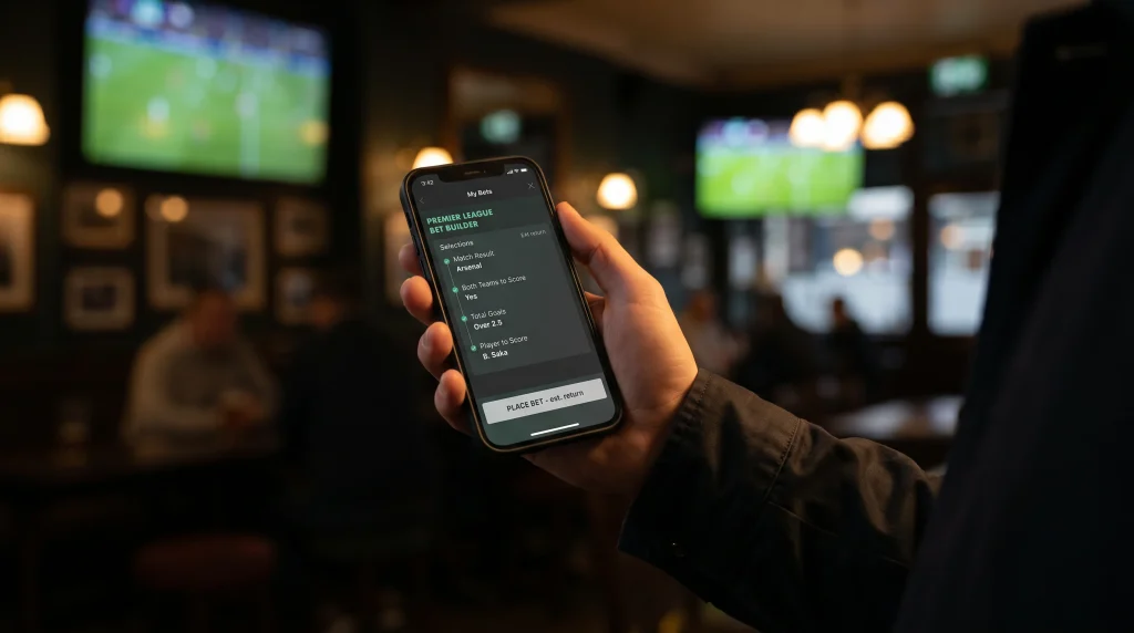Mobile sportsbook bet builder screen with multiple Premier League same-game selections combined