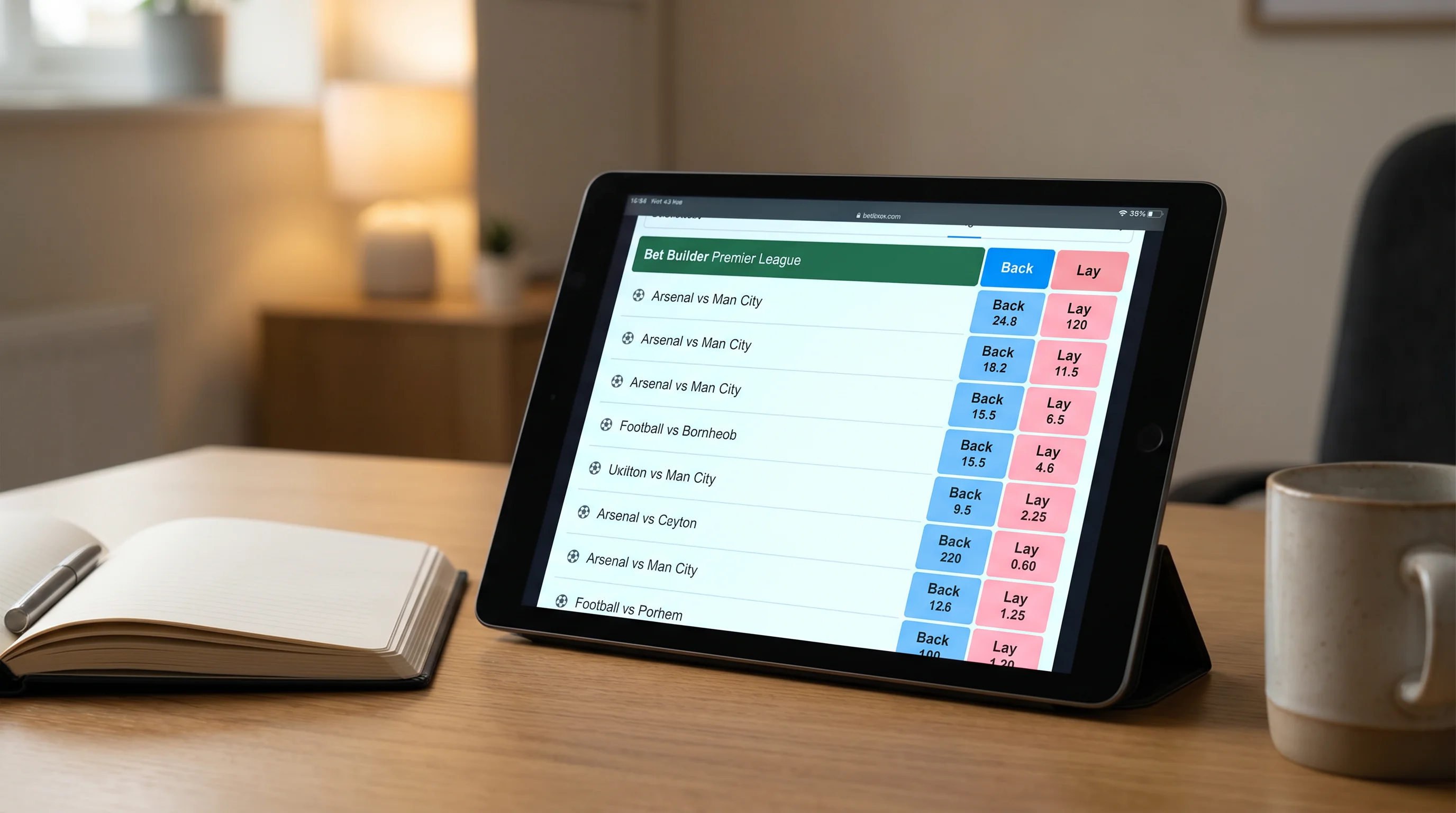 Betting exchange interface showing back and lay markets as a builder substitute