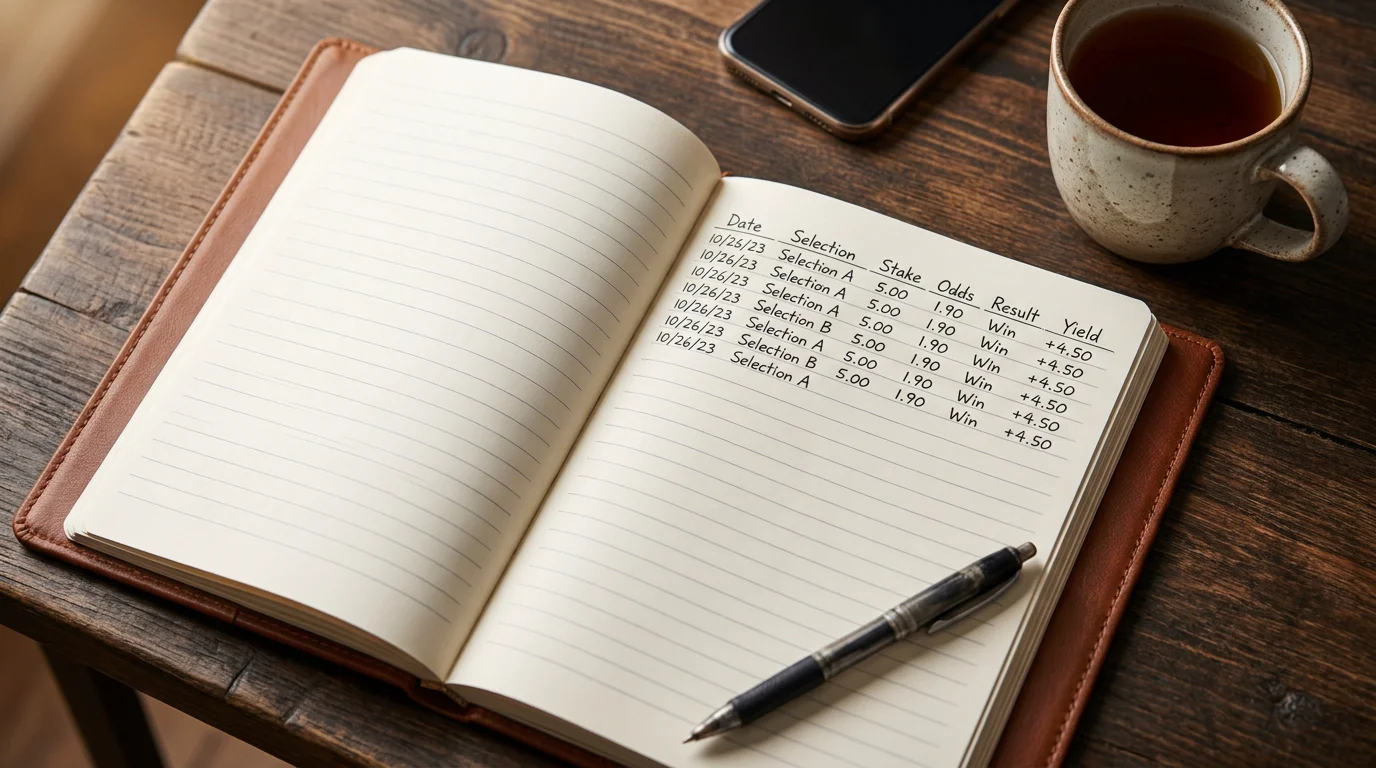Handwritten football betting log notebook with rolling yield and closing-line value entries