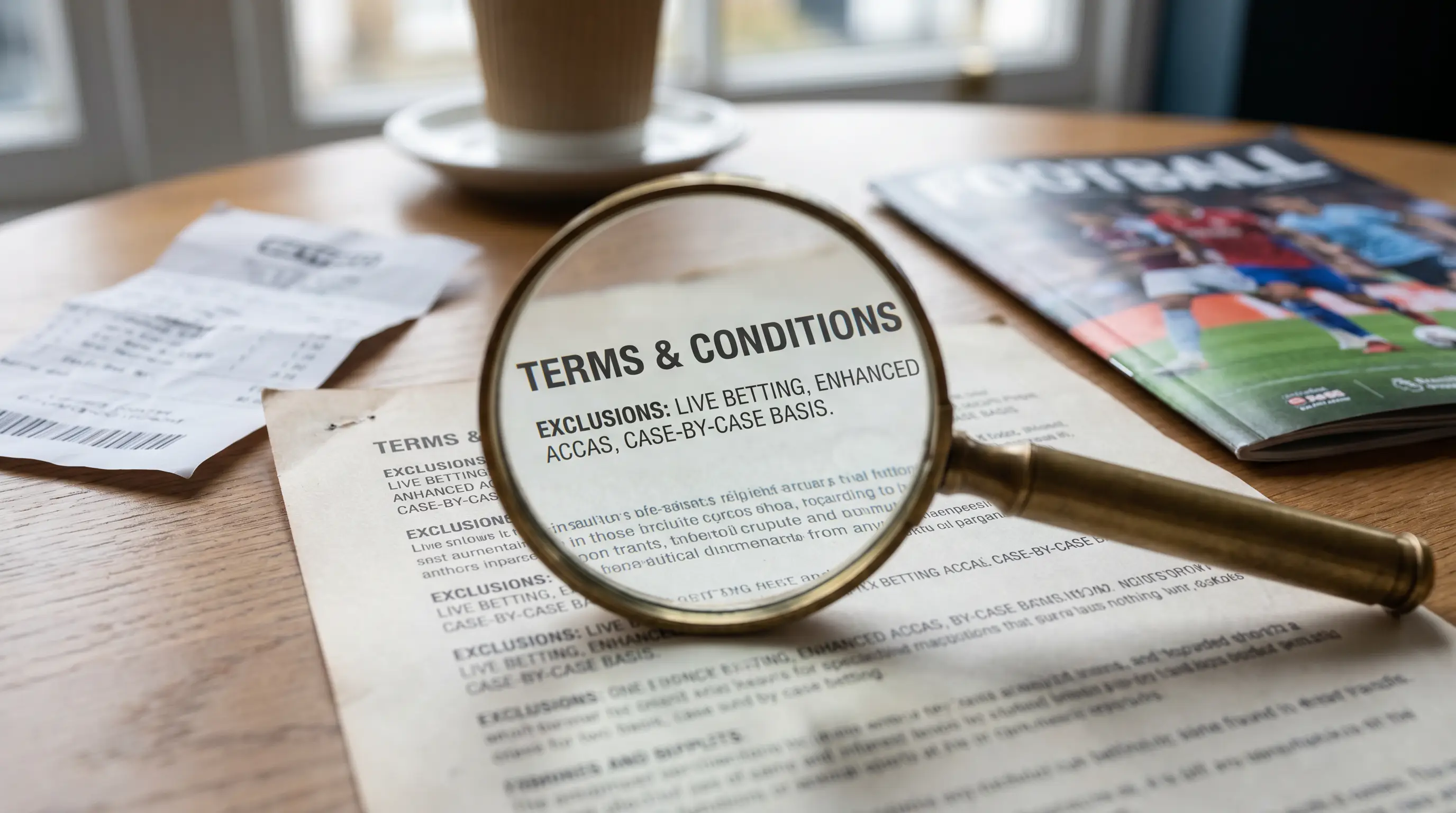 Magnifying glass over a printed BOG terms document highlighting exclusions