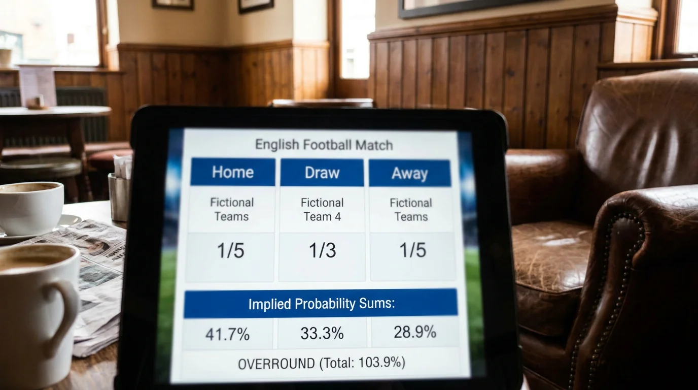 Sportsbook page summing implied probabilities across the three 1X2 outcomes