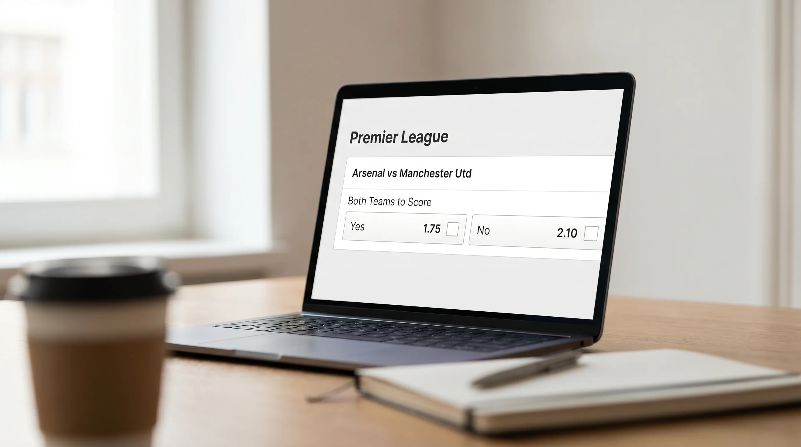 Sportsbook page showing both-teams-to-score yes and no prices for a Premier League fixture