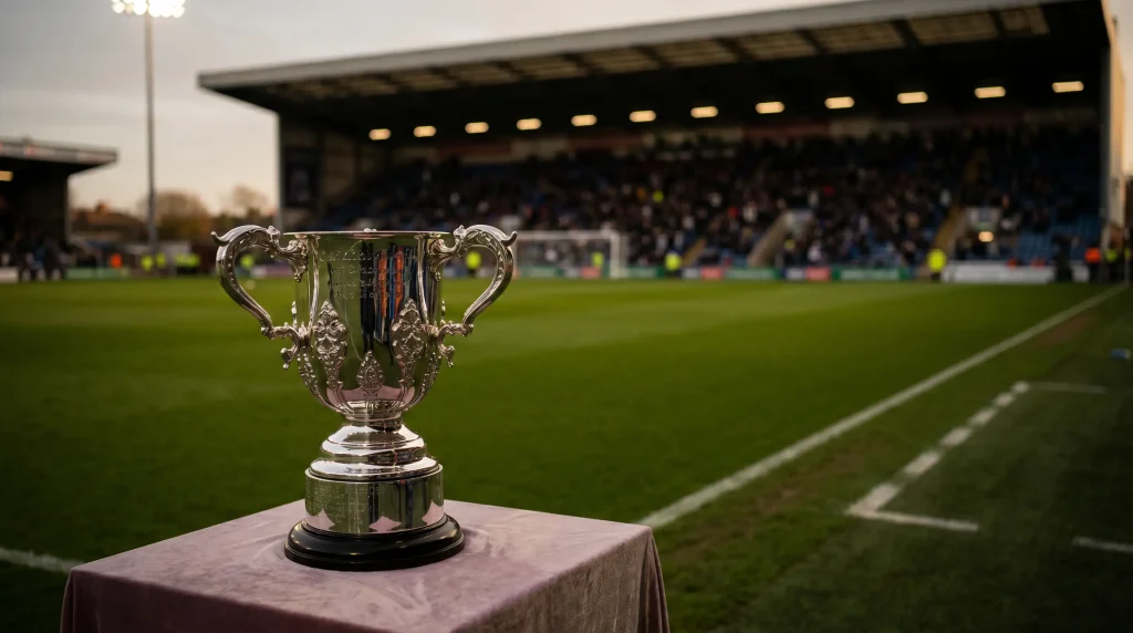 Carabao Cup trophy displayed on the touchline before an EFL Cup fixture