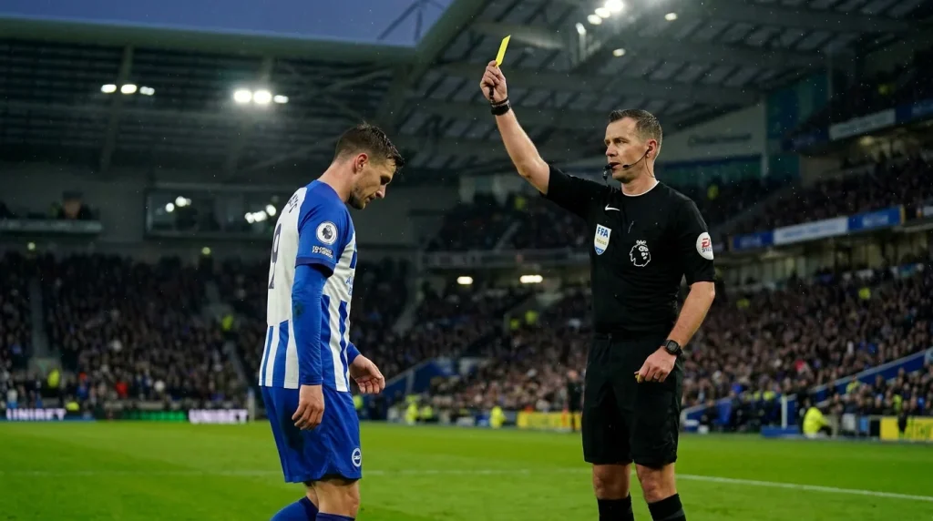 Premier League referee showing a yellow card with the player accepting the booking