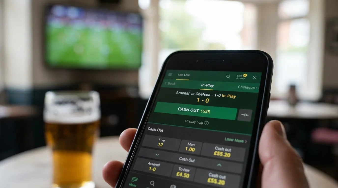 Cash-out button highlighted on a live in-play football betting interface