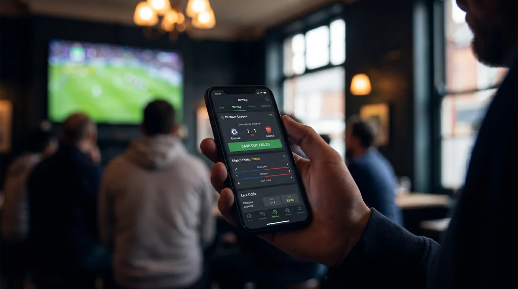 Mobile sportsbook app showing a live cash-out offer on a Premier League match in progress