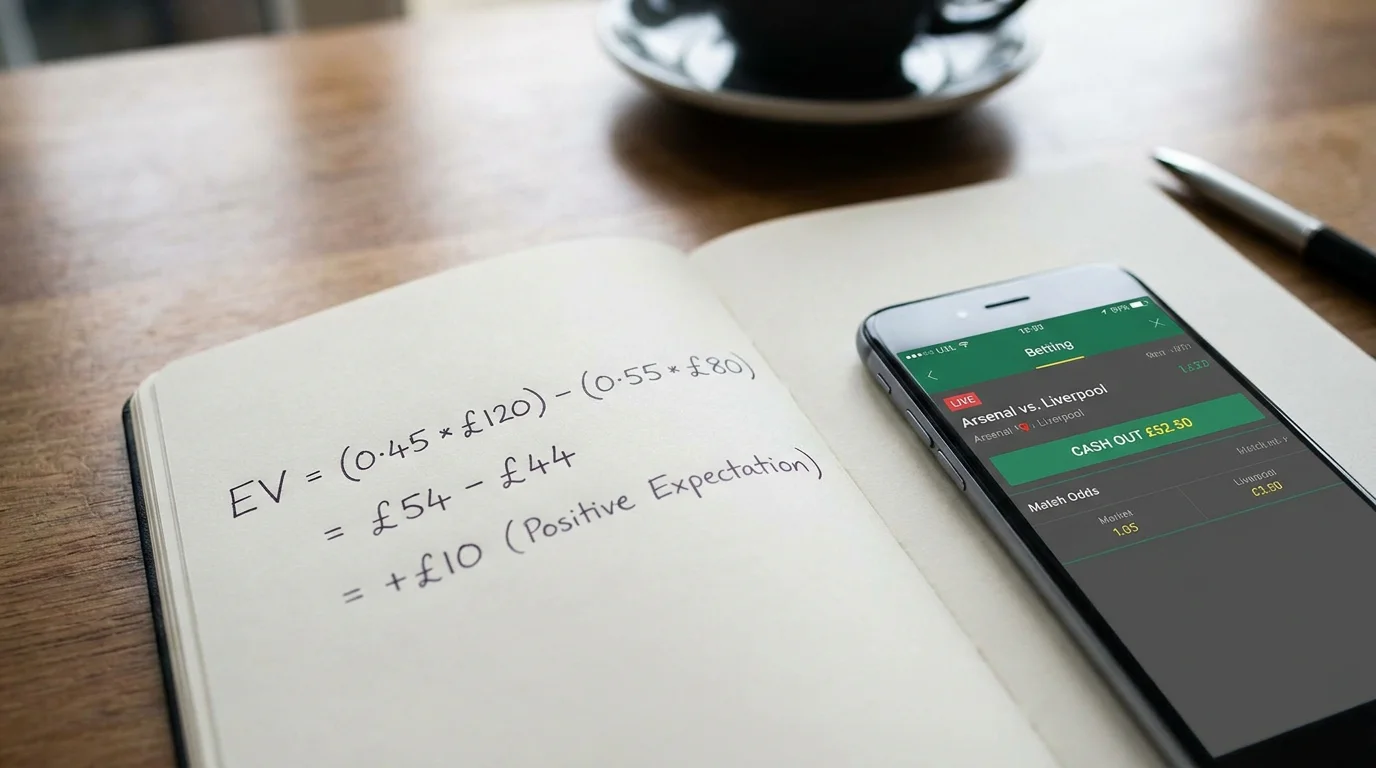 Hand writing expected value calculations in a notebook beside a betting app