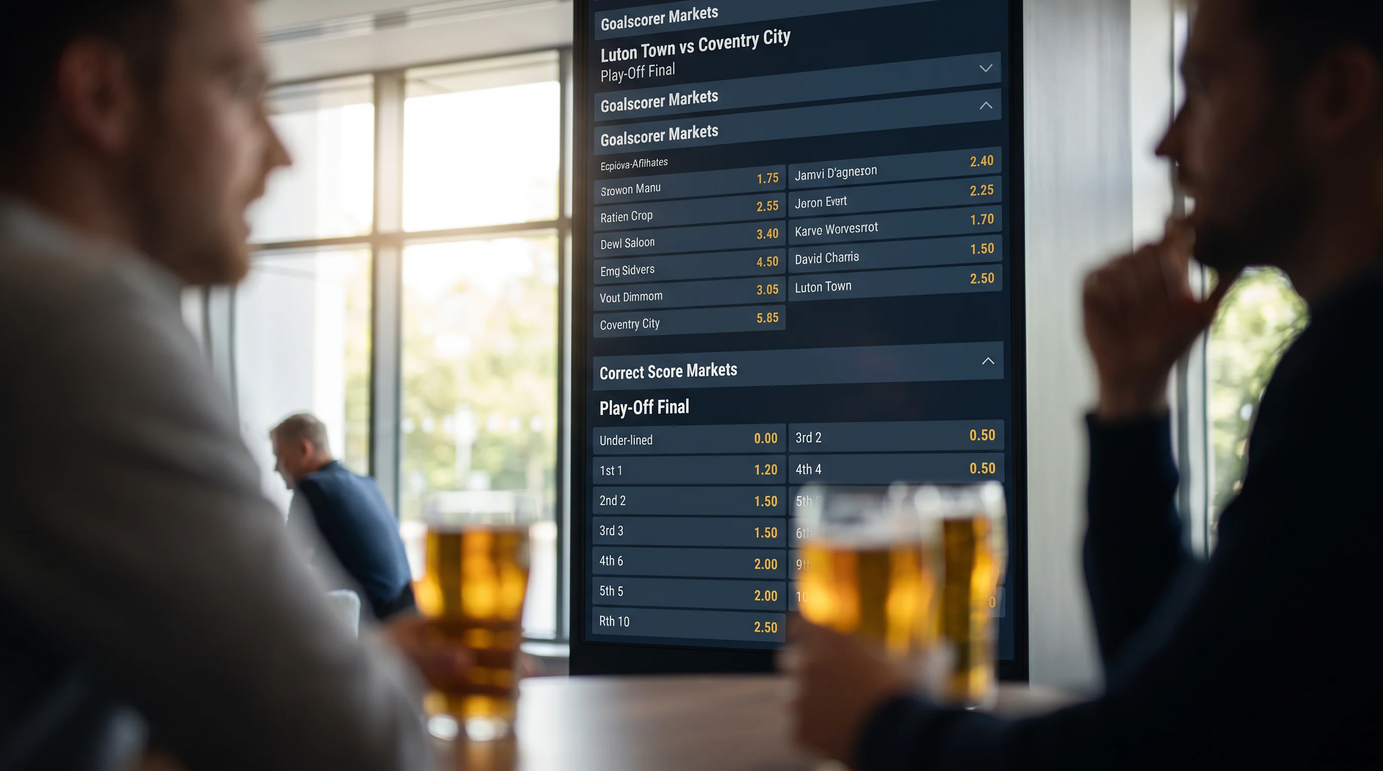 Sportsbook screen showing goalscorer and correct-score markets for the play-off final