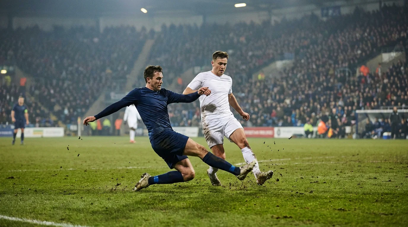 Championship play-off semi-final tackle in midfield under floodlights during a two-legged tie