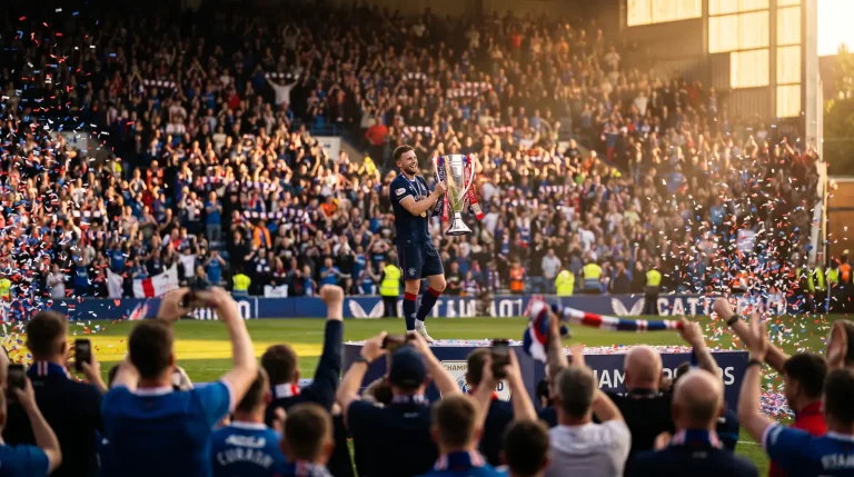 Championship promotion trophy lift on a packed home ground at the end of the season