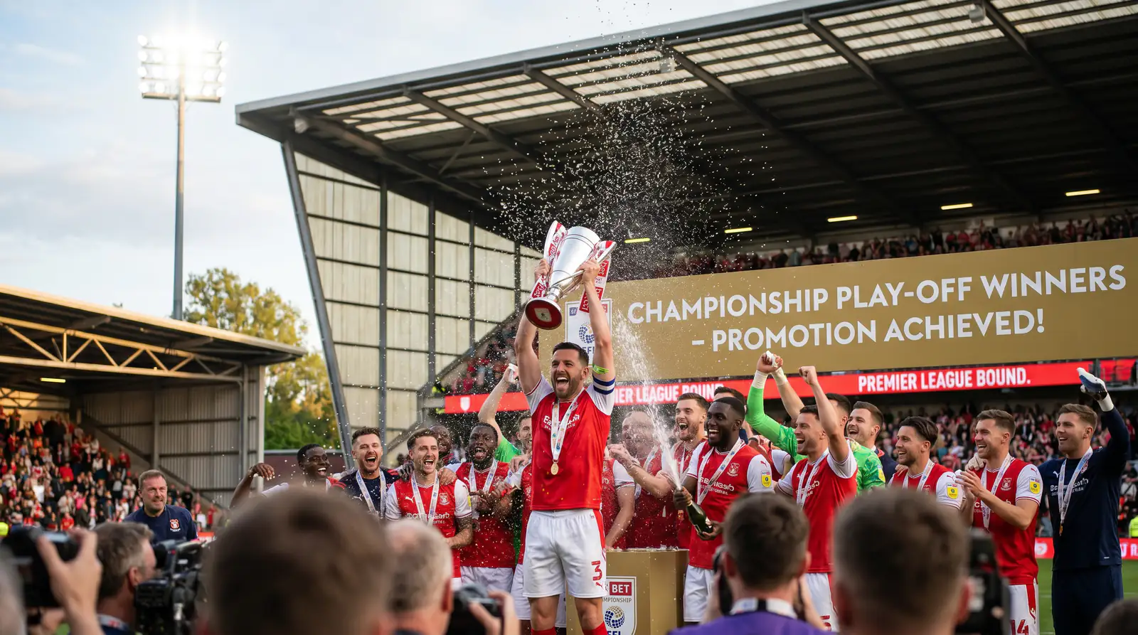 Trophy presentation moment after a Championship Play-Off Final with promotion banners visible