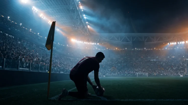 Premier League player about to take a corner kick at a floodlit stadium