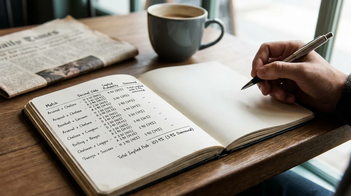 Notebook showing decimal odds converted into implied probability percentages