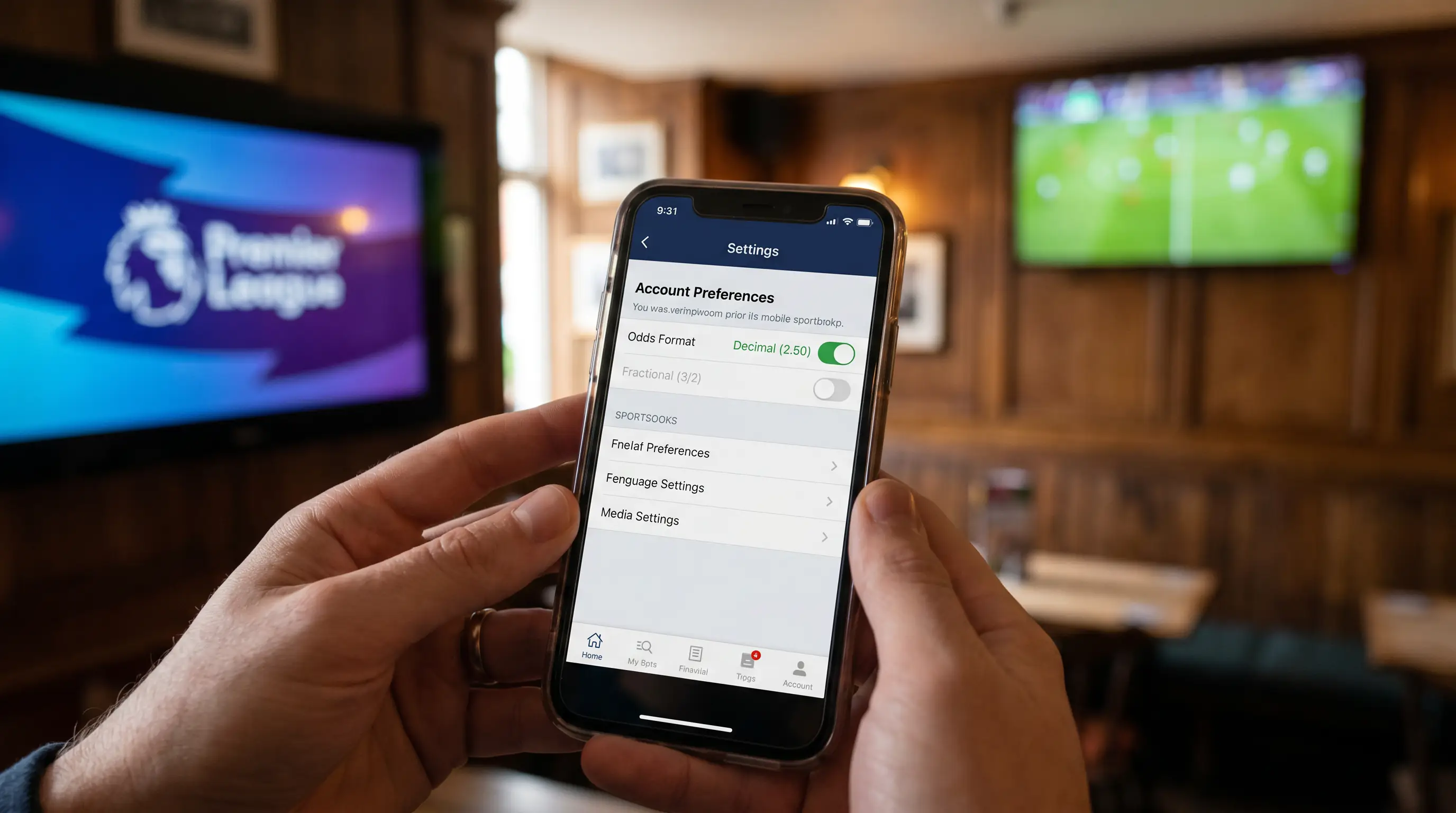 Mobile sportsbook app showing decimal odds toggle in account settings