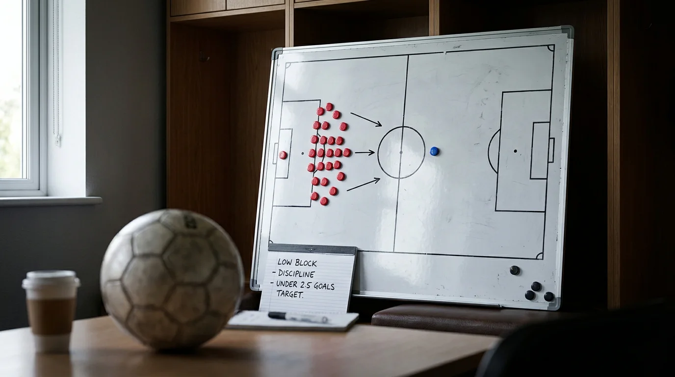 Tactical board showing a low-block defensive setup that suppresses total goals