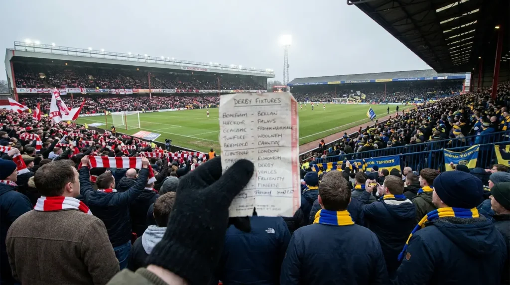 Local Premier League derby with rival supporters packed into opposing ends of the stadium