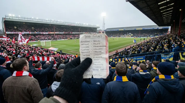 Local Premier League derby with rival supporters packed into opposing ends of the stadium