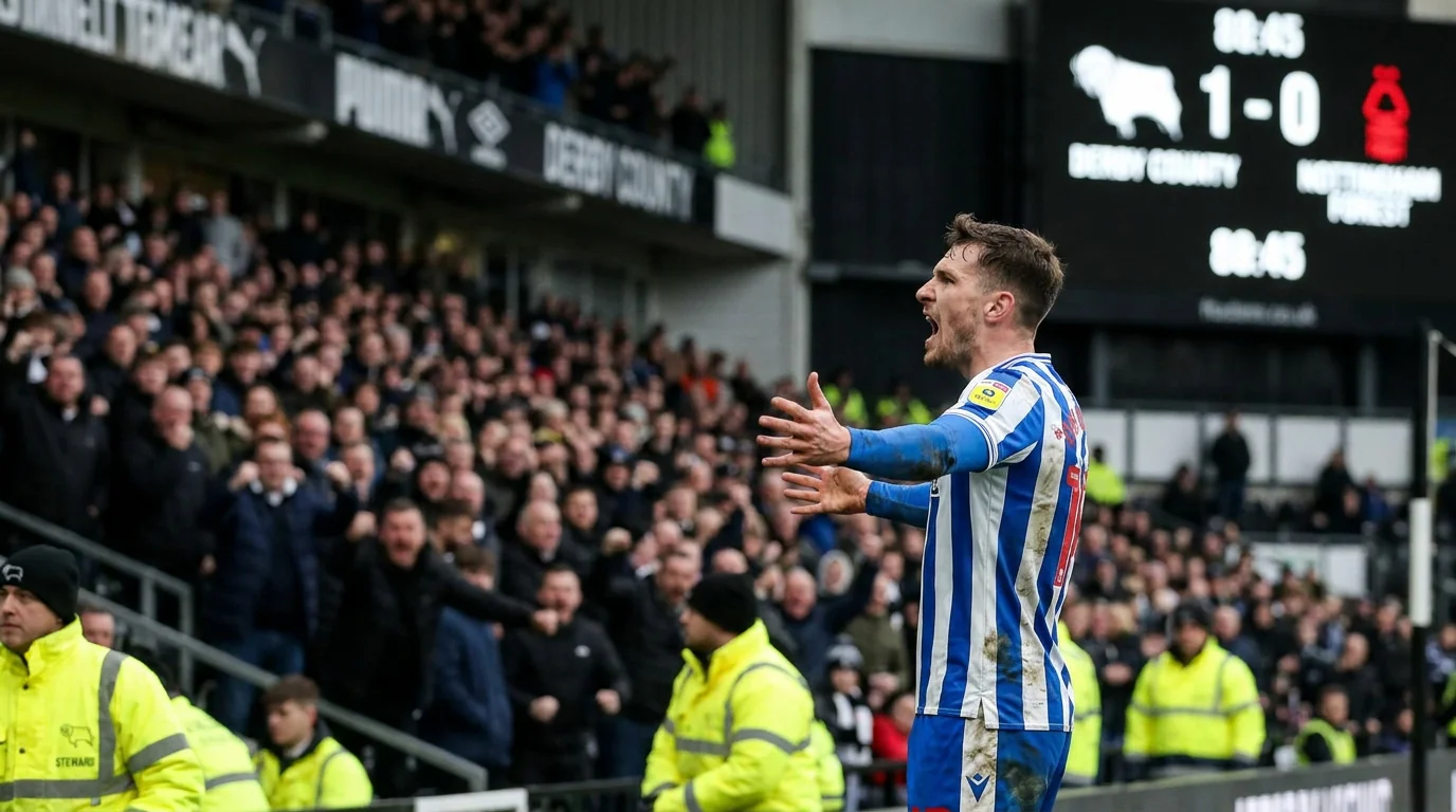 Derby goalscorer celebrating in front of the away end at a fierce local rivalry