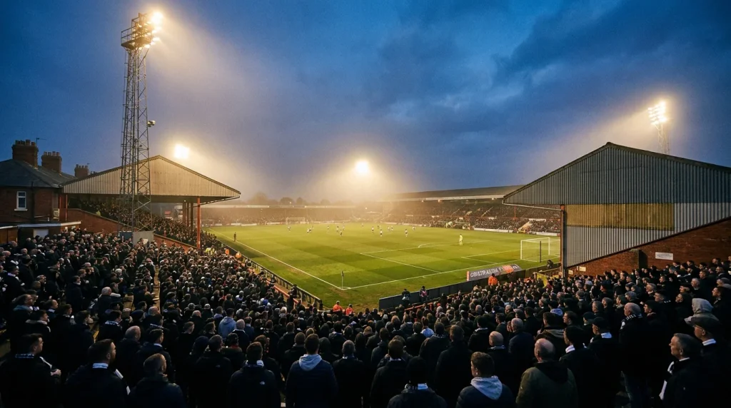Floodlit EFL Championship stadium at dusk filled with home supporters during a second-tier fixture