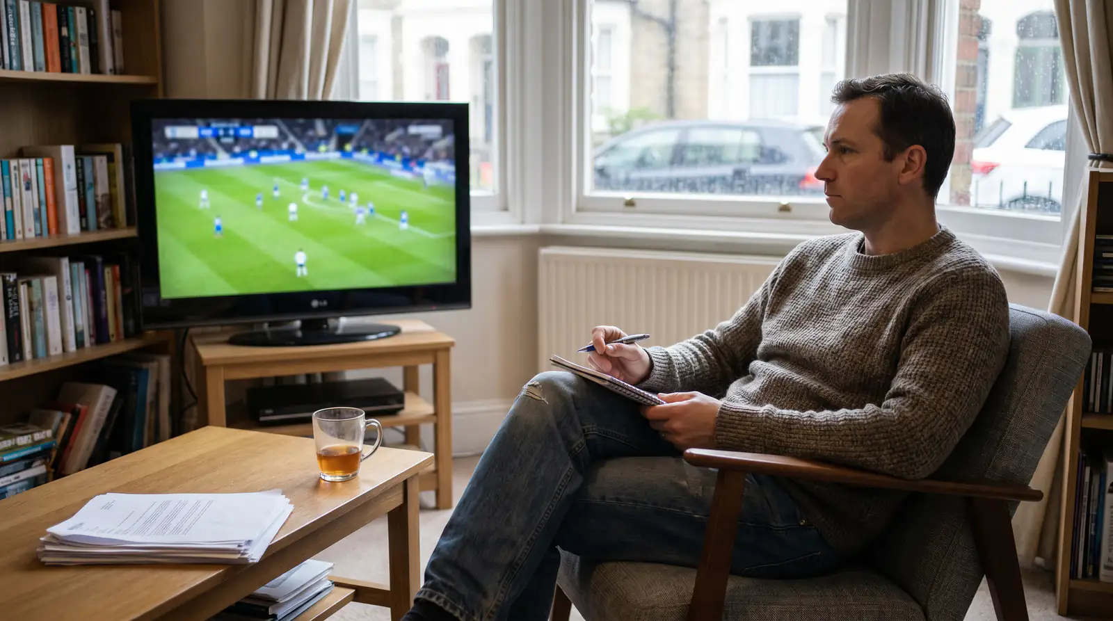 Disciplined bettor staying calm during a losing streak watching a Premier League match