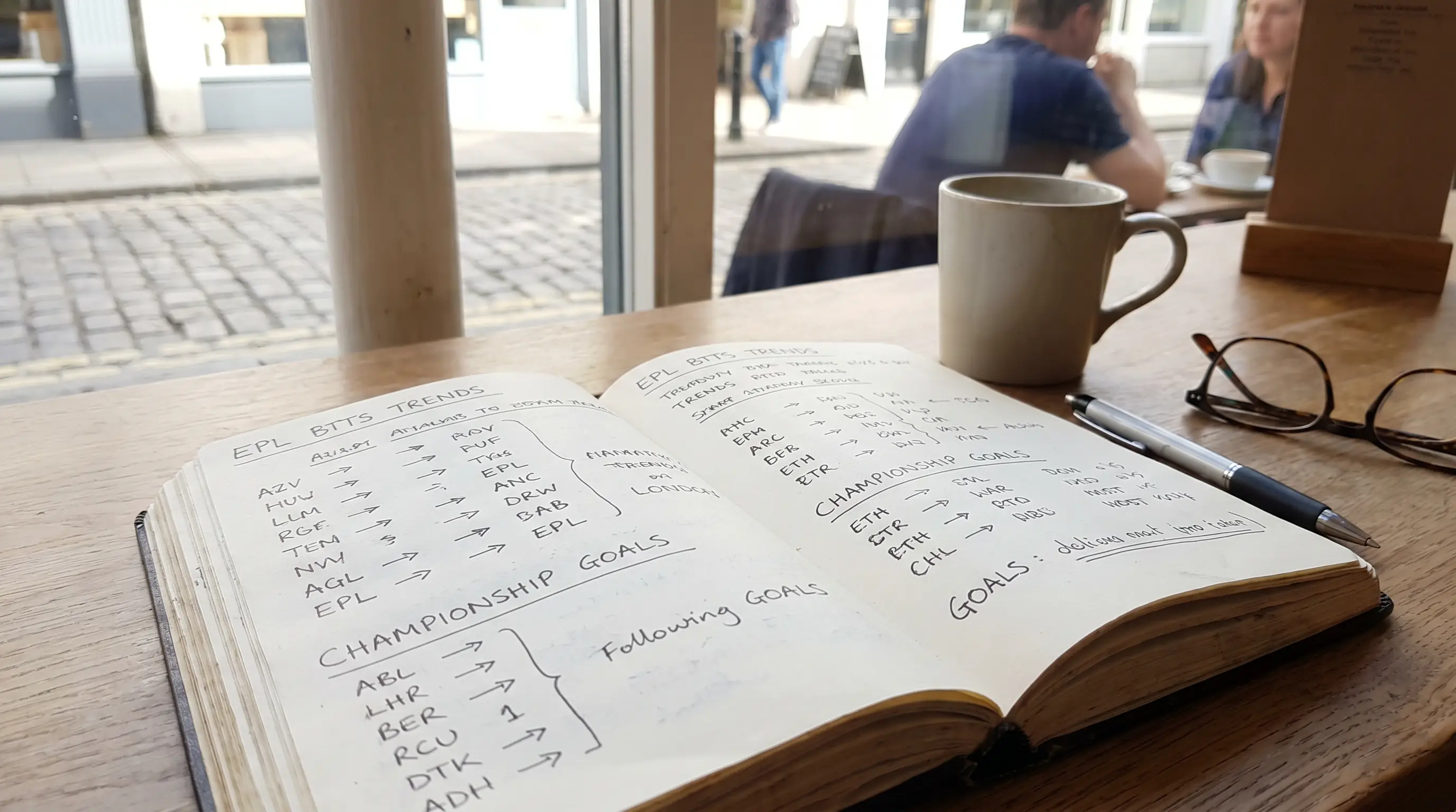 Notebook showing seasonal BTTS trend notes across EPL and Championship fixtures