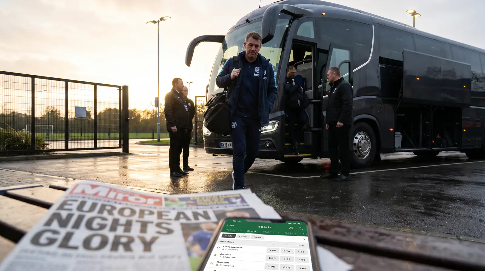 Premier League team coach arriving back at base after a long European away trip