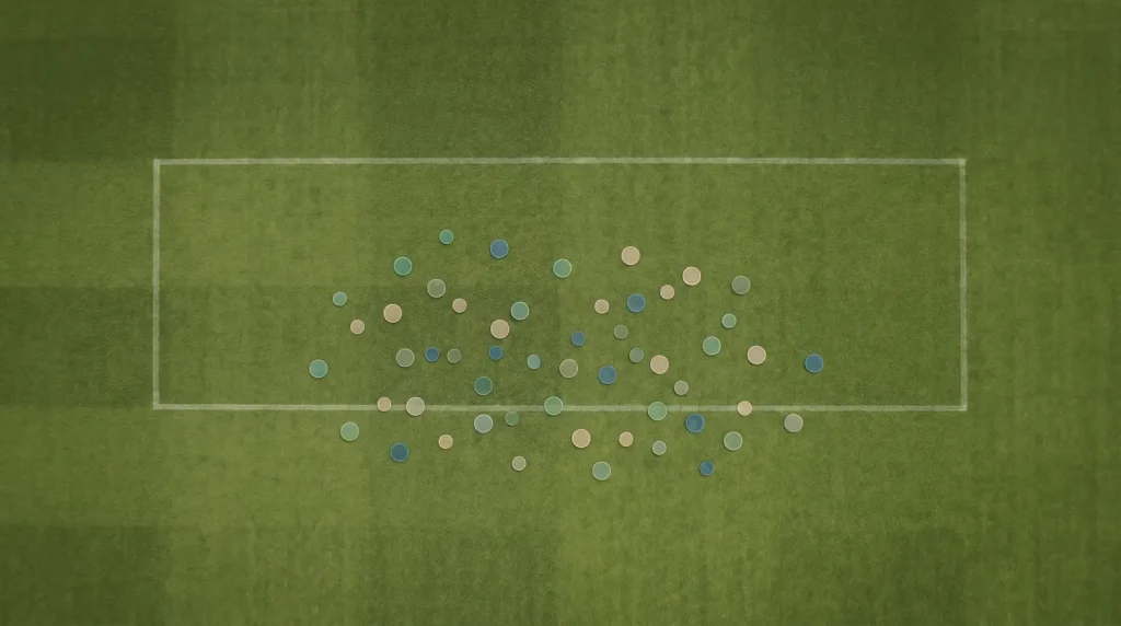 Expected goals shot map overlaid on a football pitch showing chance quality across both halves