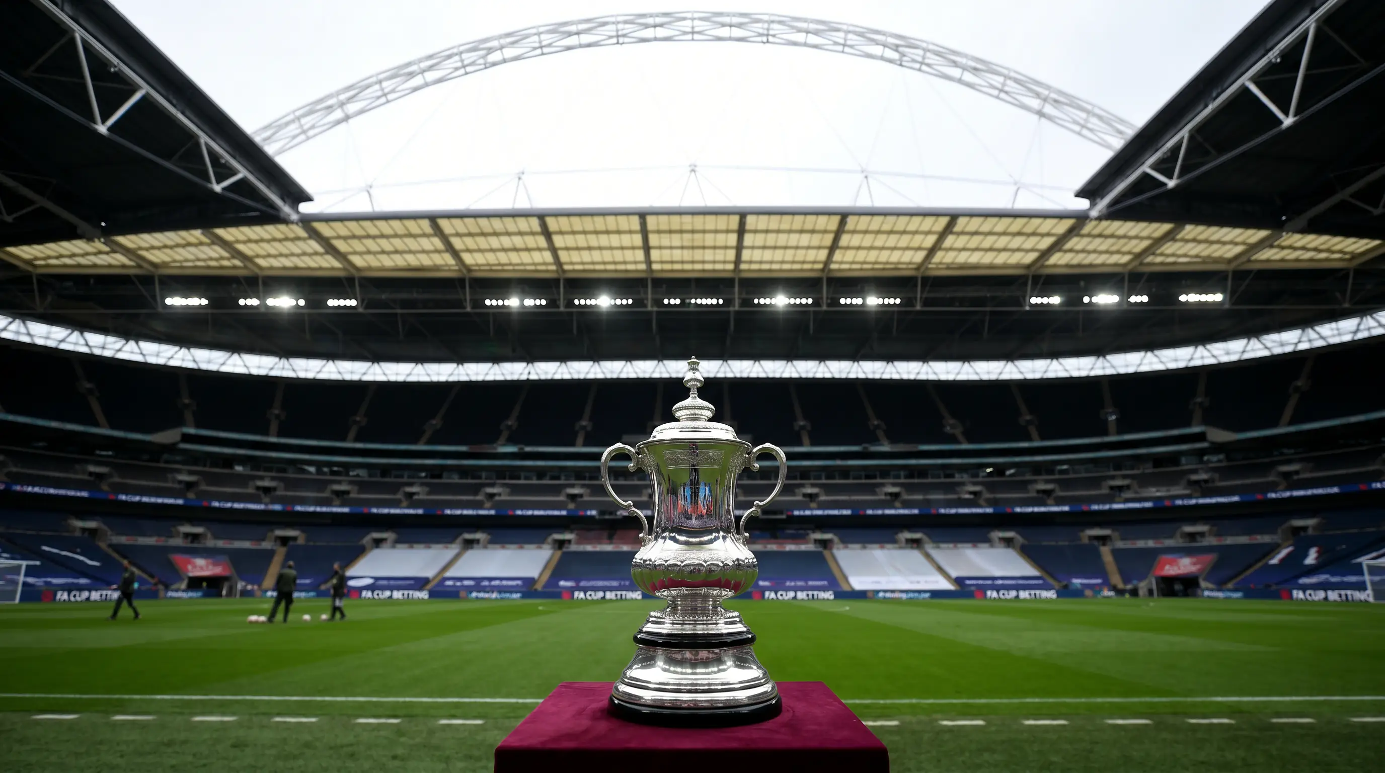 FA Cup trophy on a plinth at Wembley Stadium ahead of the final
