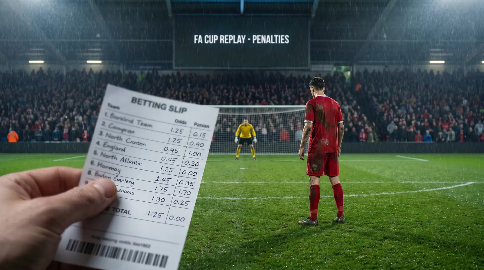 Penalty shootout taking place at the end of an FA Cup replay