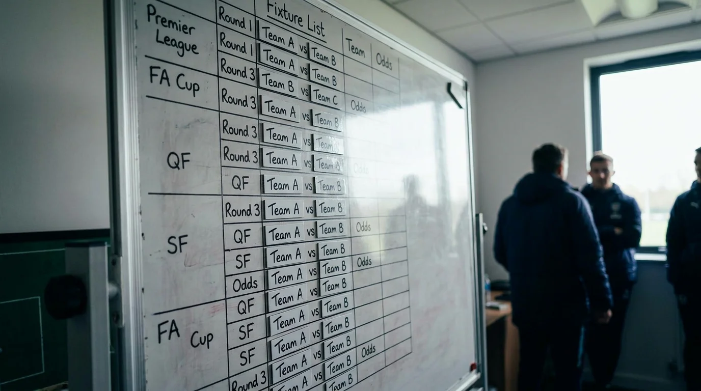 Tactics board showing competing fixtures in league and FA Cup across the season