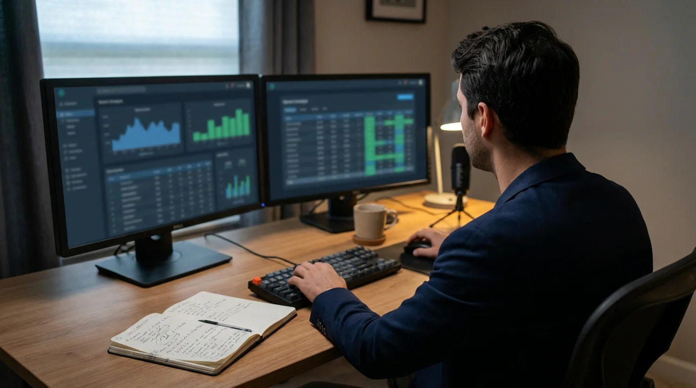 Football analyst working through fair-price calculations on a desk with two monitors
