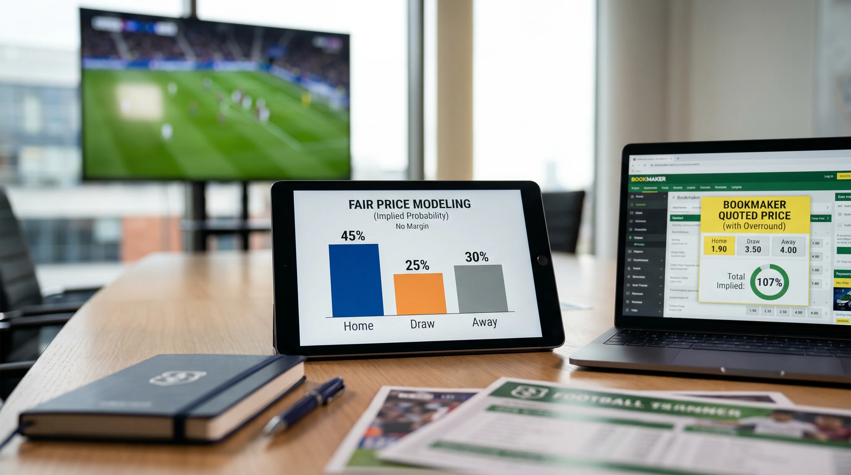 Side-by-side comparison of fair price modelling and bookmaker quoted price