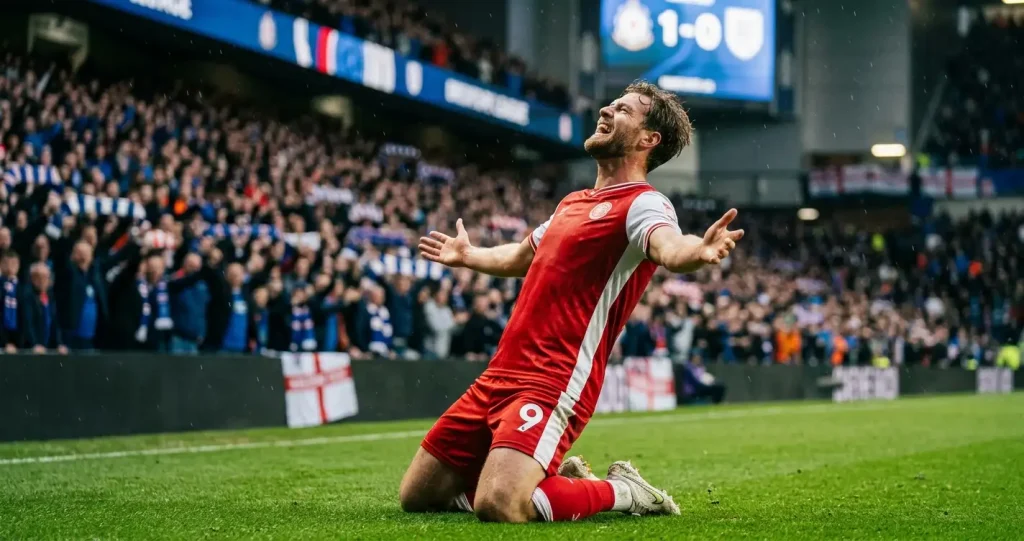 Premier League striker celebrating the opening goal of a match at a packed stadium