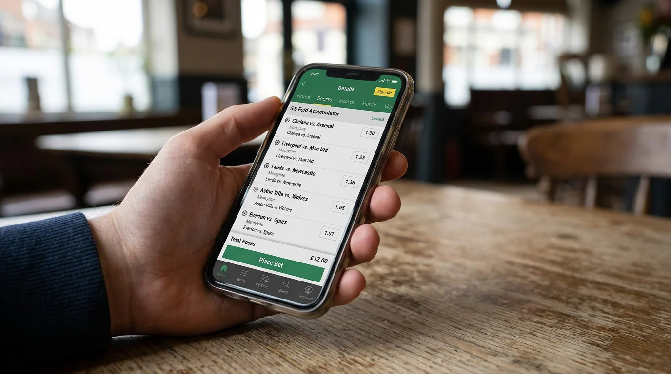 Mobile sportsbook screen showing a five-fold football accumulator being built
