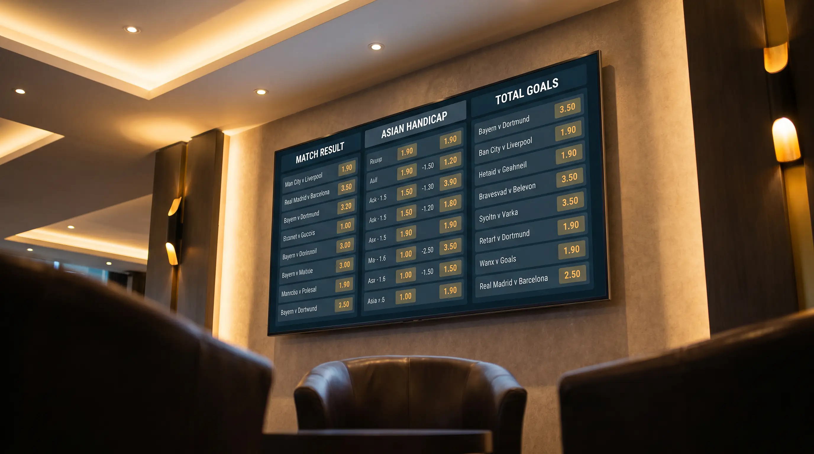 Sportsbook screen displaying football match result, Asian handicap and total goals markets