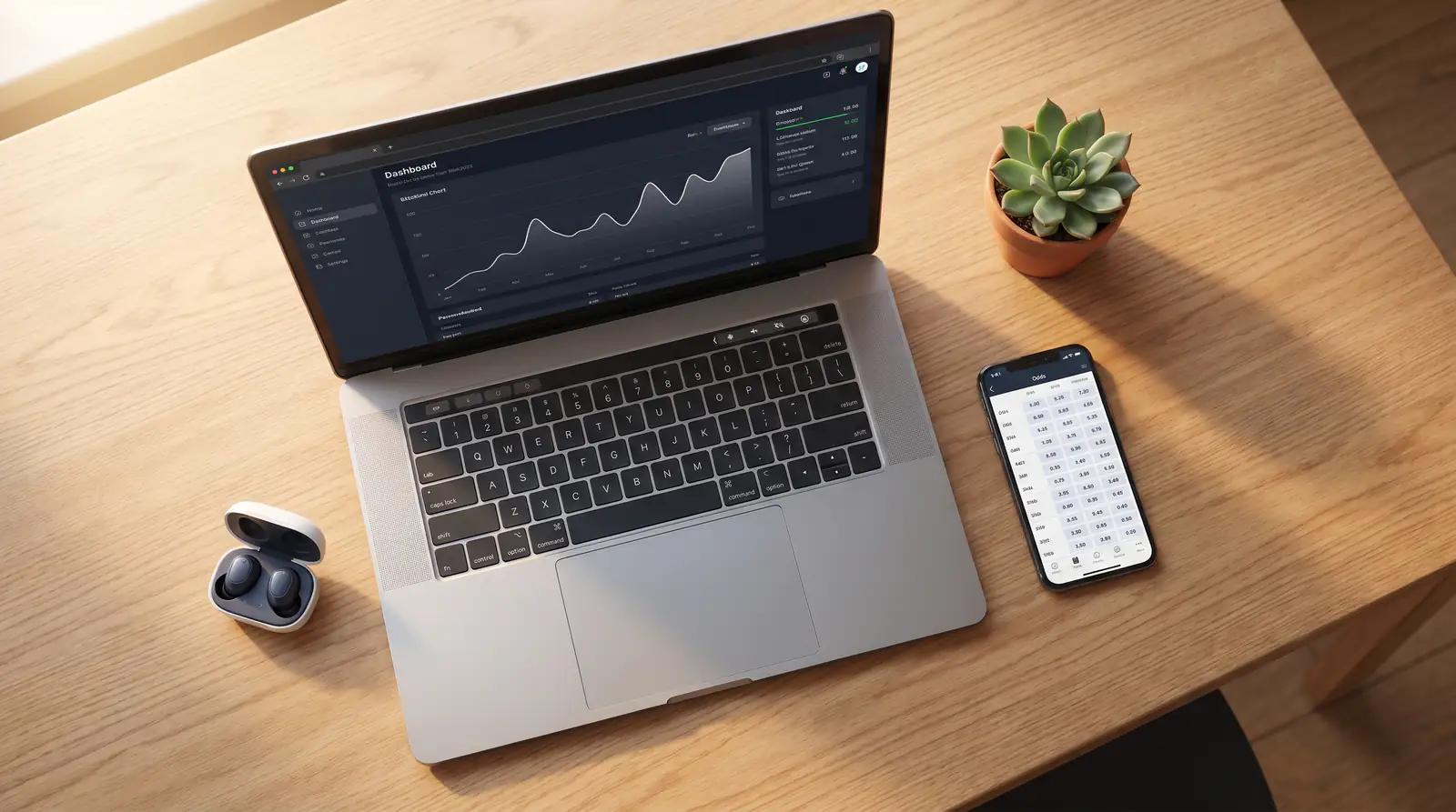 Laptop and mobile phone side by side showing football data feeds and an odds comparison view