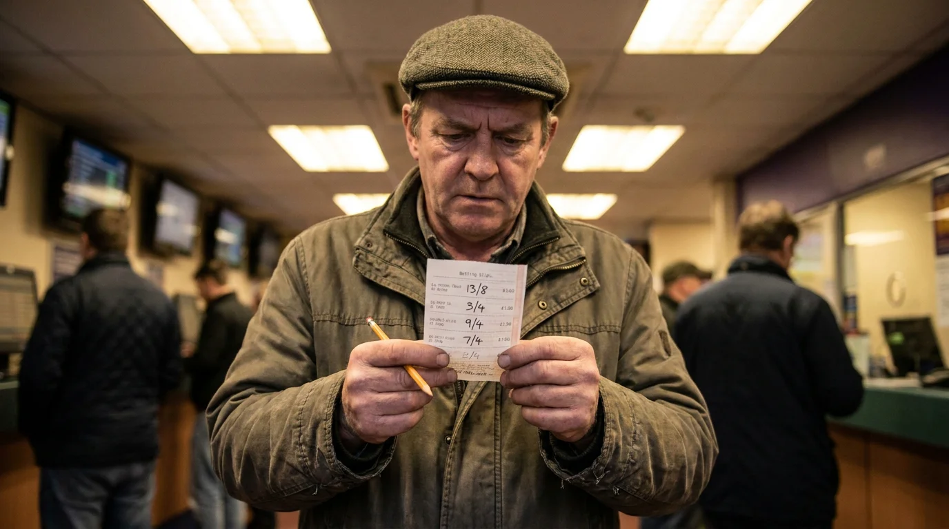 UK punter studying a betting slip with awkward fractional prices under shop lighting