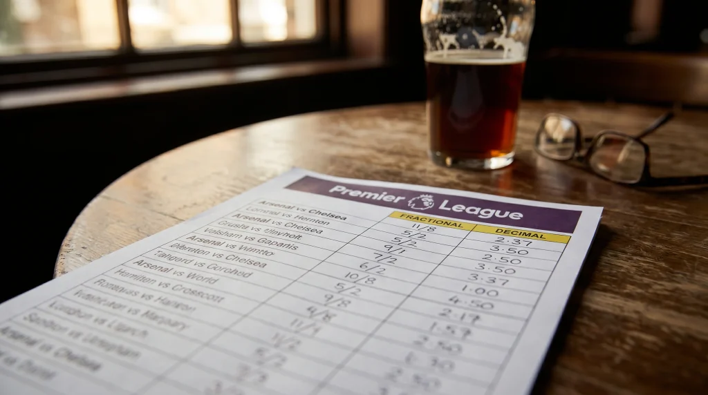 Premier League betting slip showing fractional and decimal odds side by side
